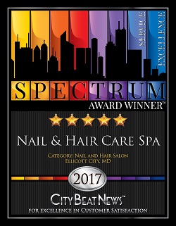 Five-Star 2017 City Beat News Award winner, Nail & Hair Care Spa, Ellicott City, MD plaque