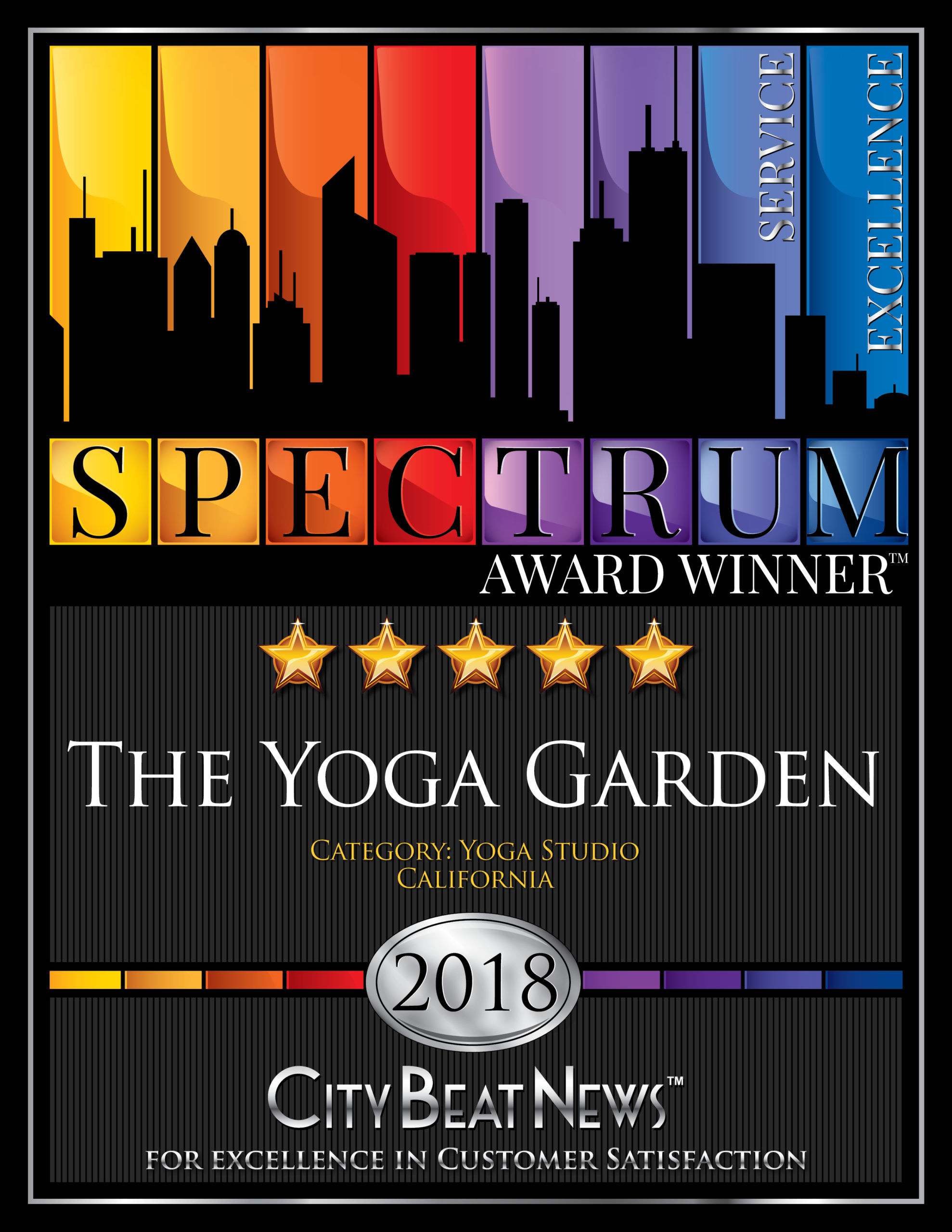Five-Star 2018 City Beat News Spectrum Award Winner, The Yoga Garden certificate